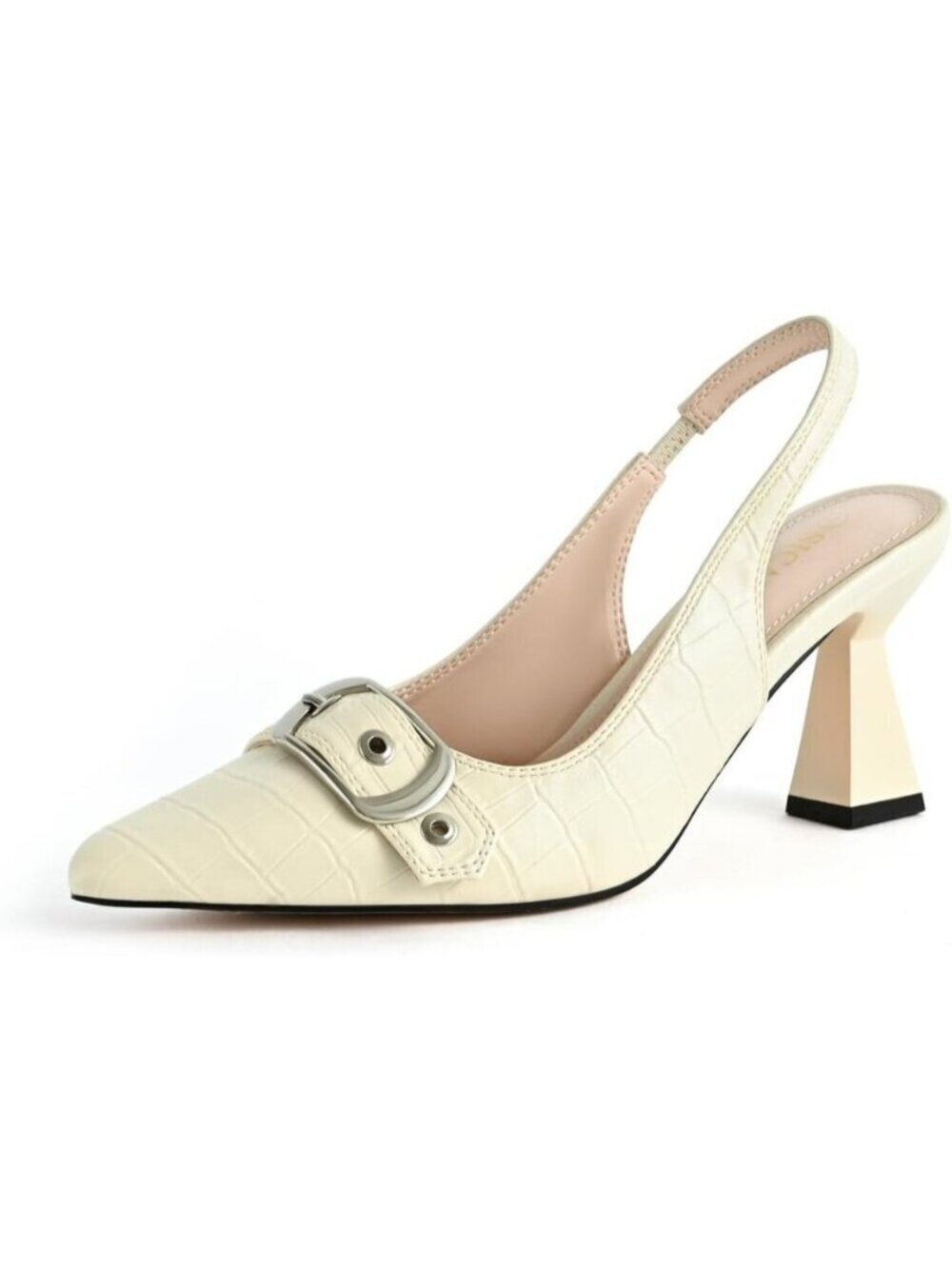 White Women Slingback Kitten Heels Pointed Toe Pumps Shoes with Buckle Strap